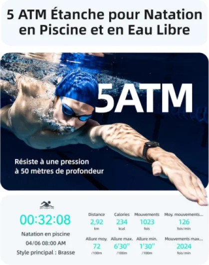 Montre Connectée avec GPS Intégré, 5ATM Étanche Smartwatch Natation pour Piscine/Eau Libre, Montre Connecté avec AMOLED Écran, 100+ Sports,Fréquence Cardiaque,Sommeil (Noir, 42 mm) Noir 42 mm