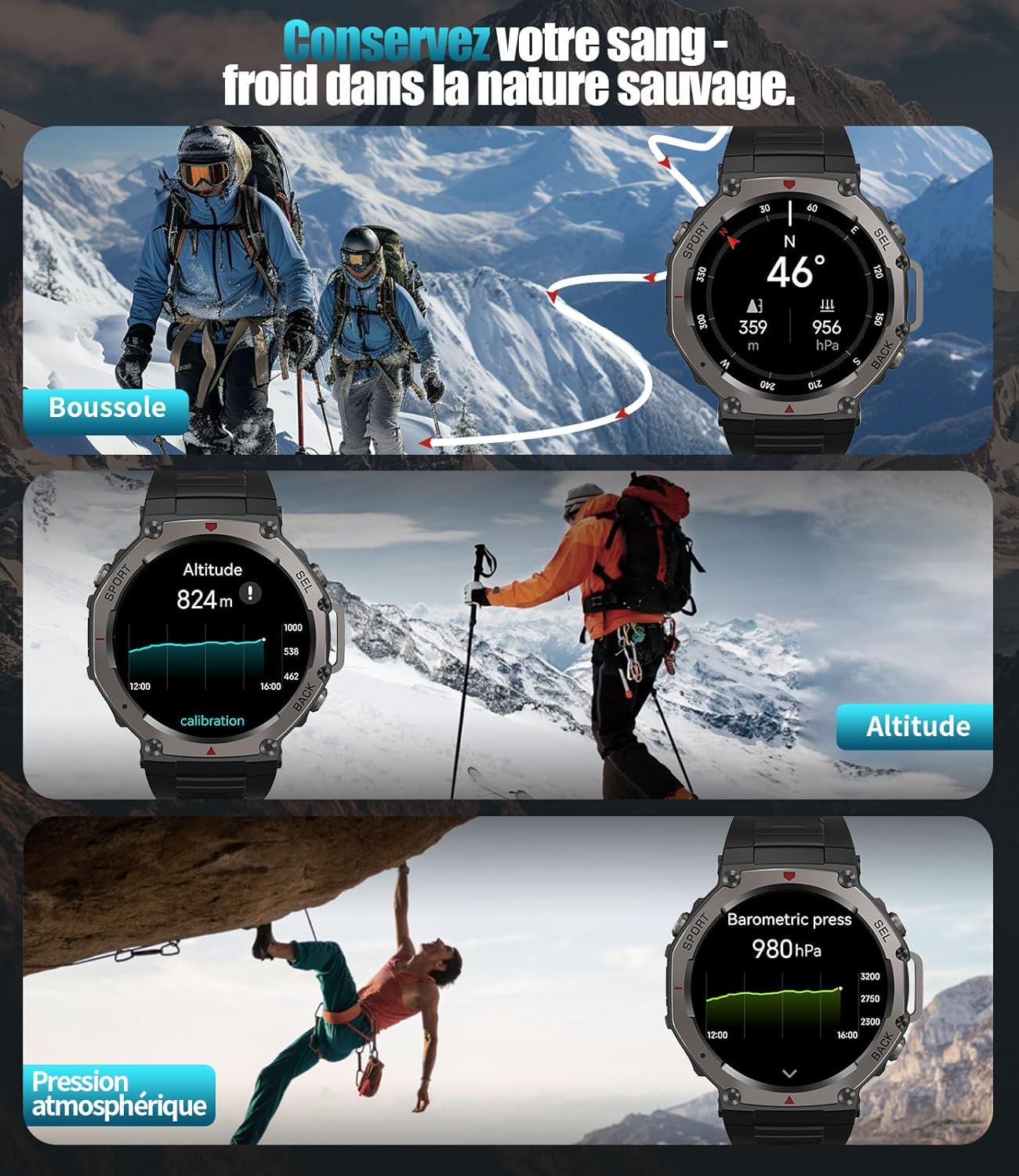 GPS Montre Connectée Homme 48mm,Boîtier en Alliage,5ATM Étanche Montre de Sport avec 110+ Mode Sport/Surveillance du Sommeil/de la Santé,Ecran Amoled,20 Jours d'autonomie pour Android iOS Noir