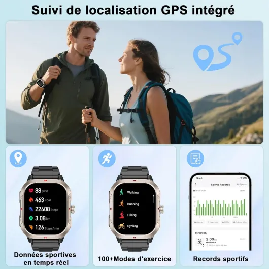 Montre Connectée Homme GPS Intégré, 2.06" HD Smartwatch Homme avec Appel Bluetooth, 110+ Sportifs, Montre Sport avec Podometre, Suivi Santé et Sommeil, Etanche IP68, Montre pour Android iOS Noir-Cadre argenté