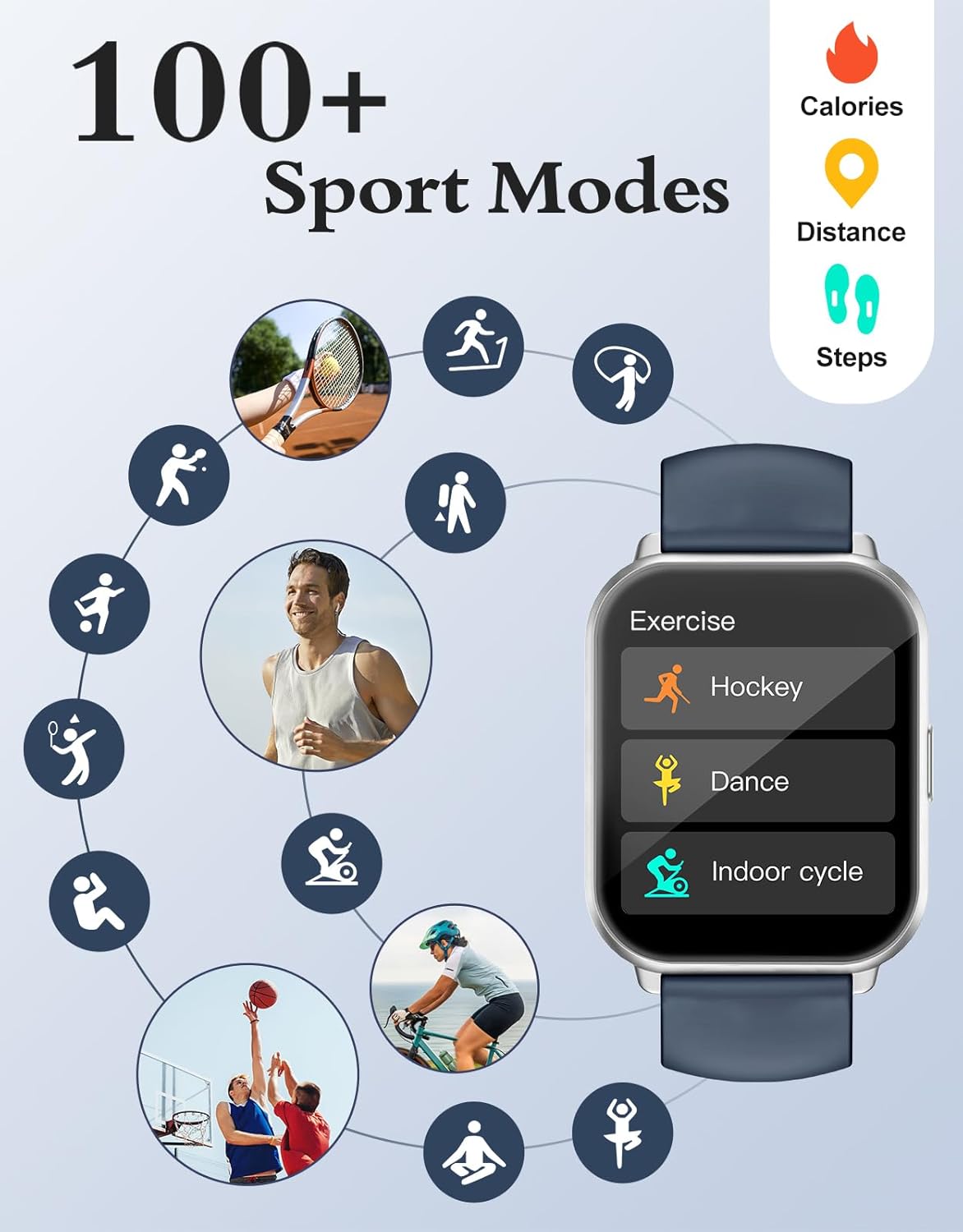 Montre Connectée Homme Femme avec Appel Bluetooth Rappel Intelligent Podometre Moniteur Sommeil Cardiofrequencemetre Oxymètre 100+ Modes Sportifs pour Android iOS Etanche IP68 Argent Bleu