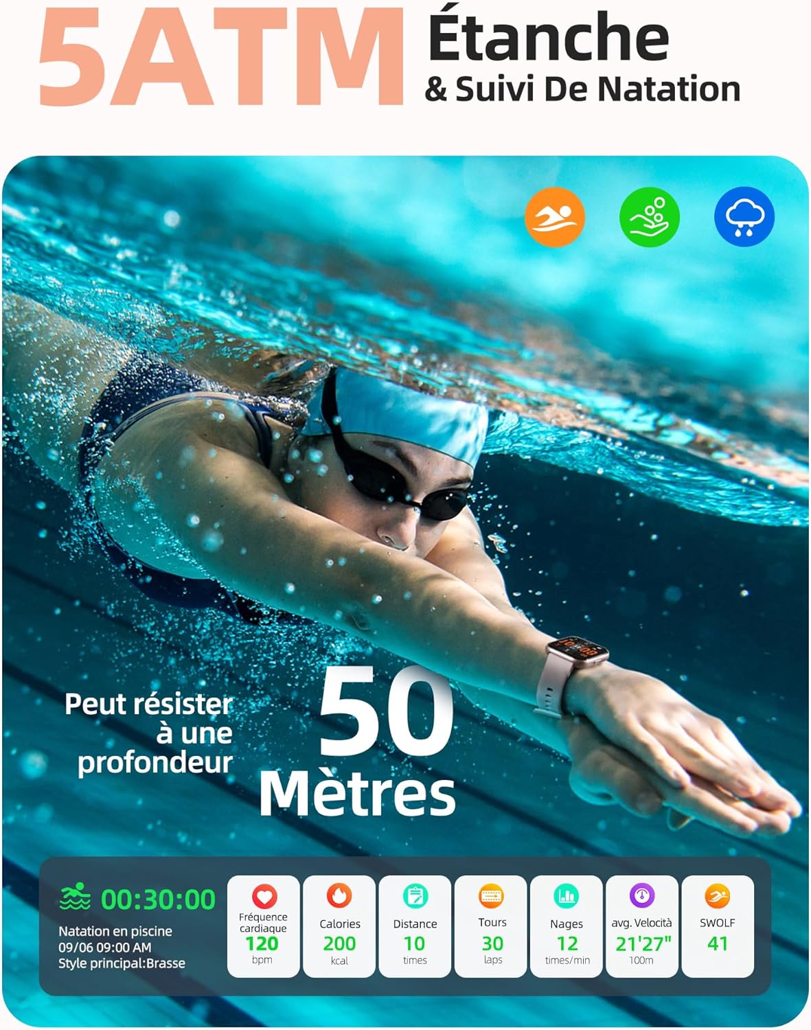 Montre Connectée Femme avec 5ATM Étanche, Montre Sport pour Natation, 1,8" HD Smartwatch avec 100+ Sportifs, Sommeil, Fréquence Cardiaque, Montre Connectee pour Android & iPhone, Or Rose,FF2